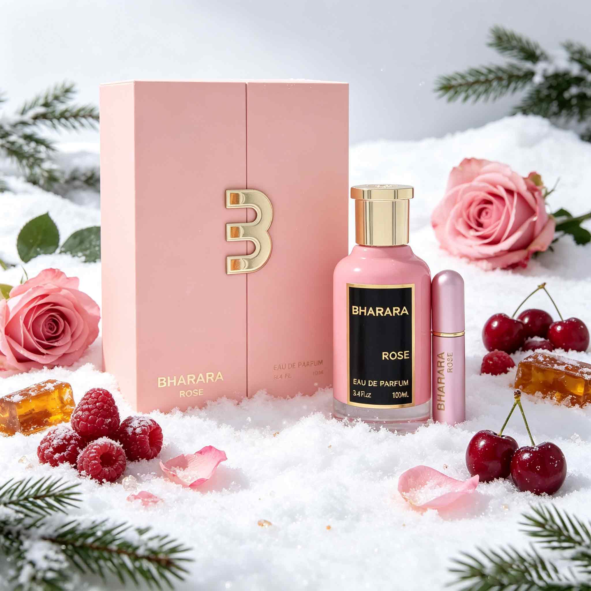 Perfume Fragrance Logo - ชุดของขวัญน้ำหอมสำหรับผู้หญิง Bharara Rose, กล่องของขวัญสีชมพูพรีเมียมพร้อมโลโก้ B แบบเมทัลลิก,